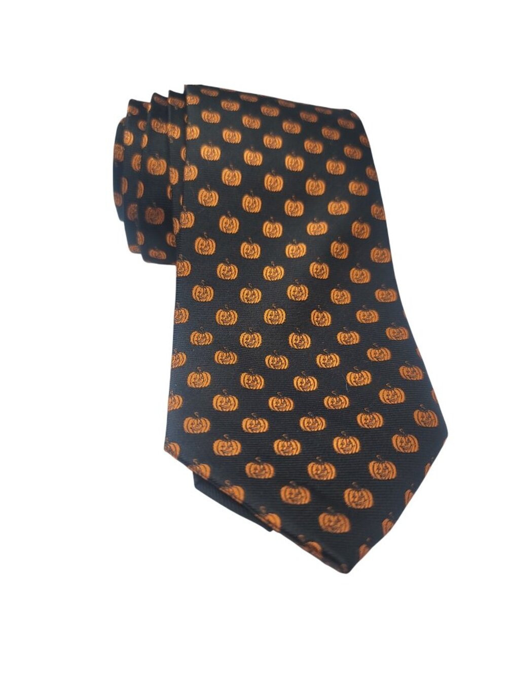 Halloween Pumpkin Pattern Silk Necktie By LongTieStore - Black & Orange